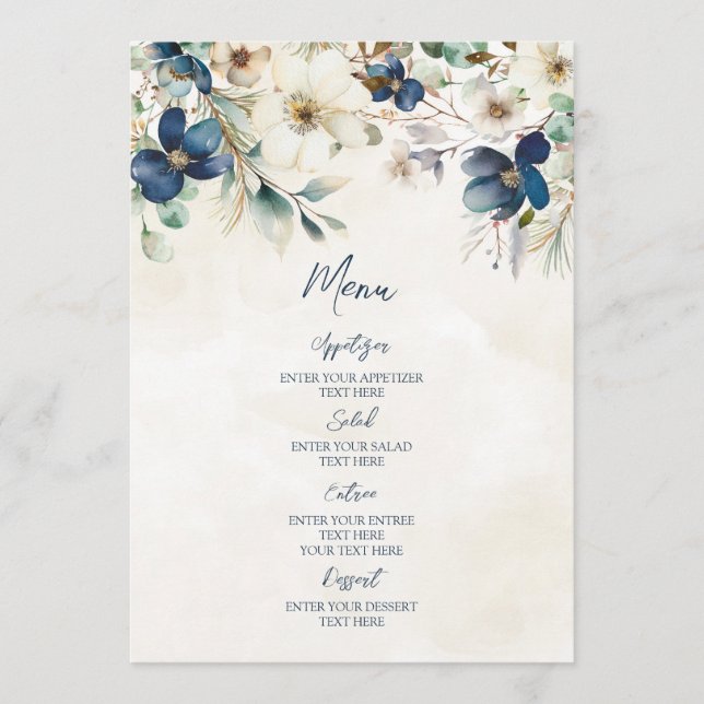 Menu de mariage hivernal floral bleu élégant (Devant)