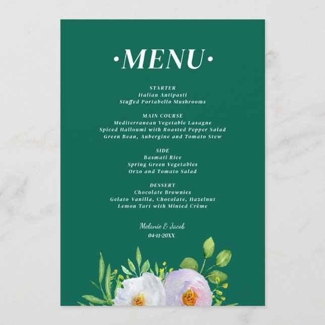 Menu de mariage imprimable floral vert forêt (Devant)