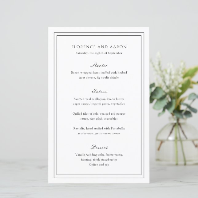 Menu de mariage intemporel noir et blanc tradition (Debout devant)