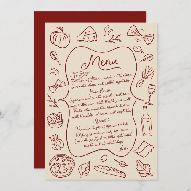 Menu de mariage italien dessiné à la main (Devant / Derrière)