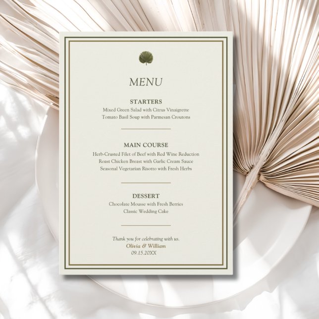 Menu de mariage Ivoire & Or Palmier (Ivory & Gold Palm wedding menu with personalized courses, names and date for an elegant reception)