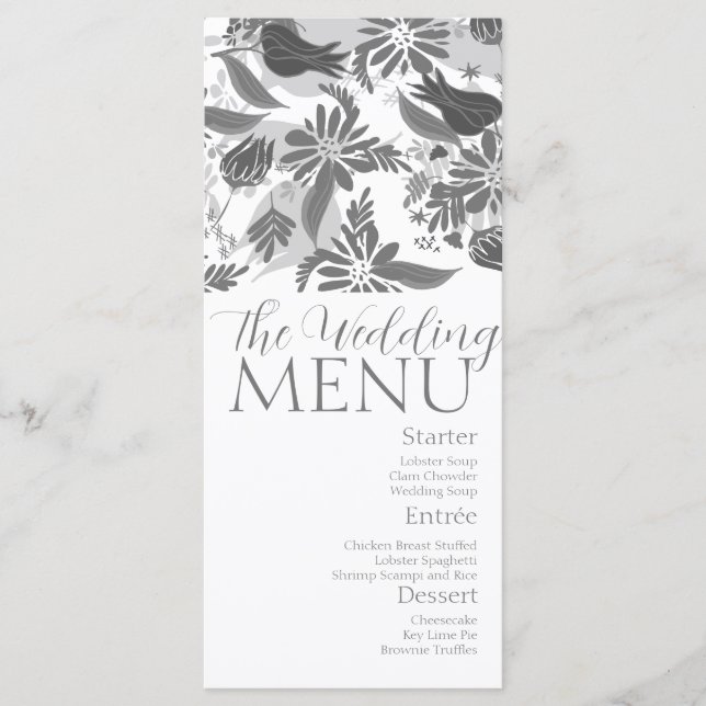 Menu de mariage jardin de roses à fleurs grises (Devant)