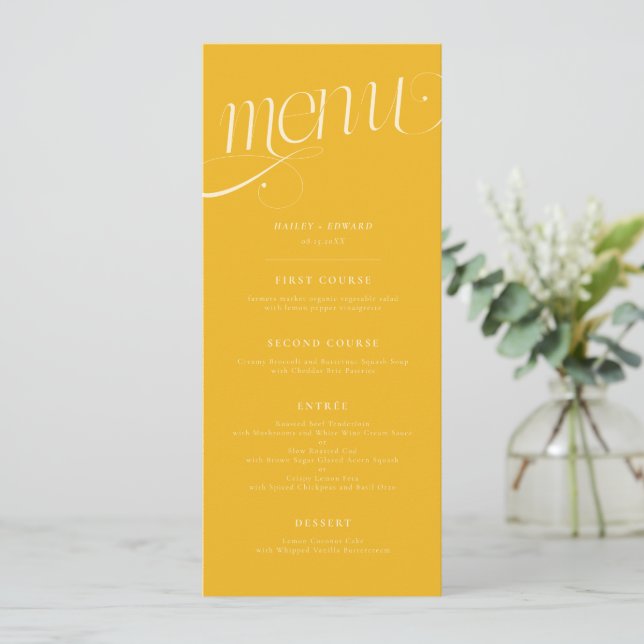 Menu de mariage jaune élégant en spirale (Debout devant)