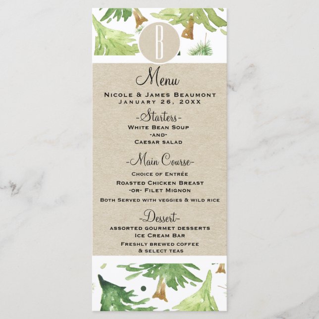 Menu de mariage kraft rustique aux pins à l'aquare (Devant)