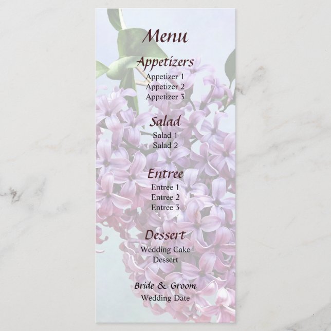 Menu de mariage lilas rose délicat (Devant)