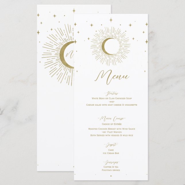 Menu de mariage Lune Éclat céleste Étoiles d'or (Devant / Derrière)