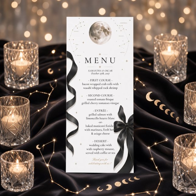 Menu de mariage Luxe Céleste Lune Noir Ruban (Créateur téléchargé)