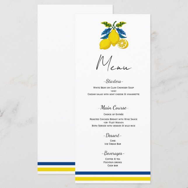Menu de mariage méditerranéen au citron bleu jaune (Devant / Derrière)