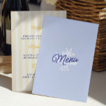 Menu de mariage méditerranéen rayé bleu et citron<br><div class="desc">Une carte de menu de mariage bleu raffiné présentant une mise en page minimaliste douce avec des détails inspirés des agrumes. La combinaison d'une typographie claire et d'une illustration délicate crée un look méditerranéen frais, parfait pour les mariages d'été et les célébrations de destination. Fait partie de la collection de...</div>