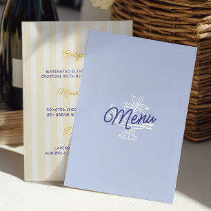 Menu de mariage méditerranéen rayé bleu et citron 