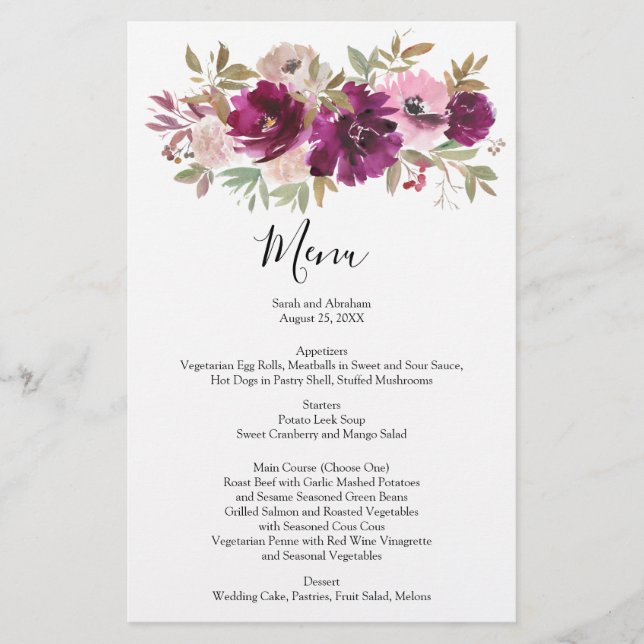 Menu de mariage Menus Menues Aquarelle Floral viol (Devant)