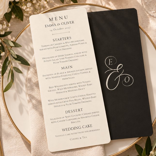 Menu de mariage minimal Boho noir ivoire (Minimal Boho Black Ivory Wedding Menu)