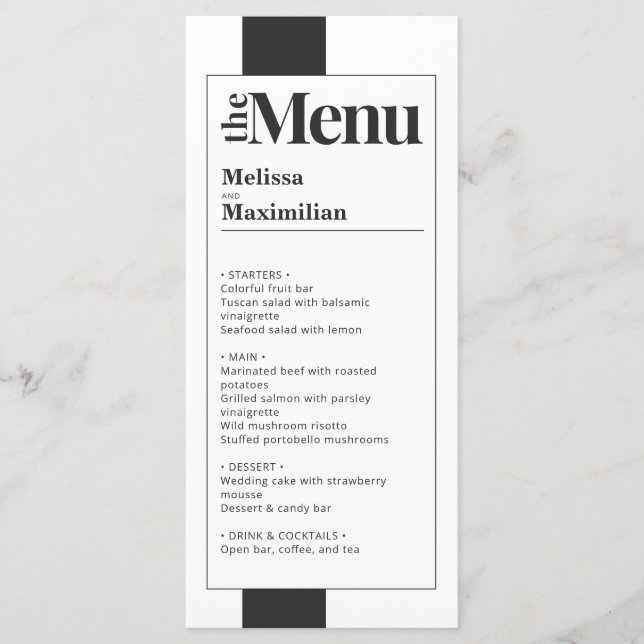 Menu de mariage minimal noir & blanc élégant (Devant)