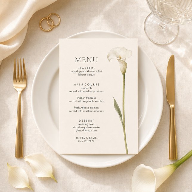 Menu de mariage minimaliste au lys calla blanc mod (Modern White Calla Lily Minimalist Wedding Menu)