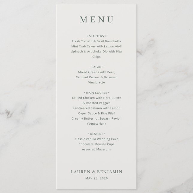 Menu de mariage minimaliste beige élégant (Devant)