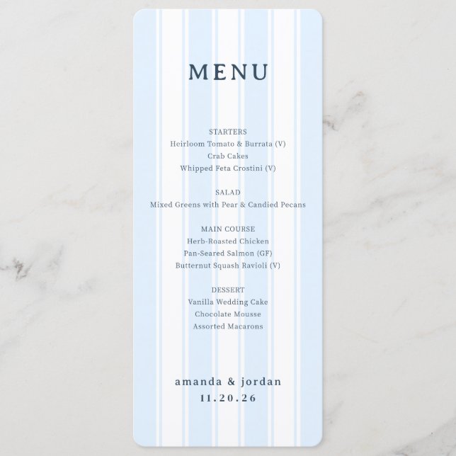 Menu de mariage minimaliste bleu élégant (Devant)