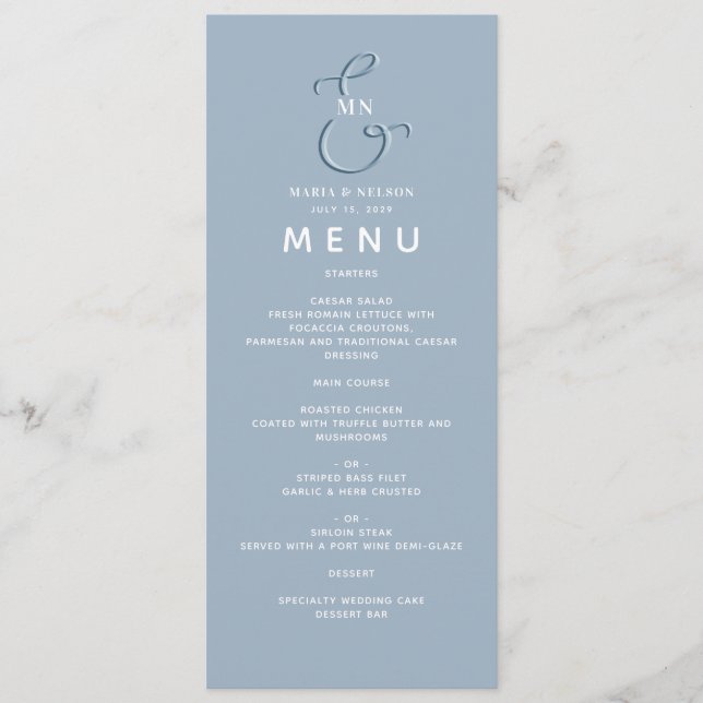 Menu de mariage minimaliste bleu poussiéreux (Devant)