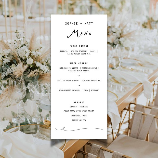 Menu de mariage minimaliste calligraphié fantaisis (Whimsical Calligraphy Minimalist Wedding Menu)
