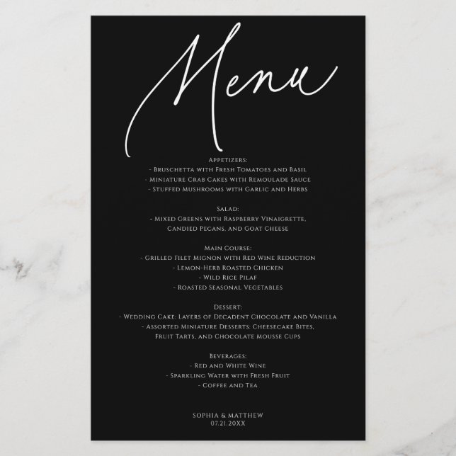 Menu de mariage minimaliste Calligraphie Noir (Devant)