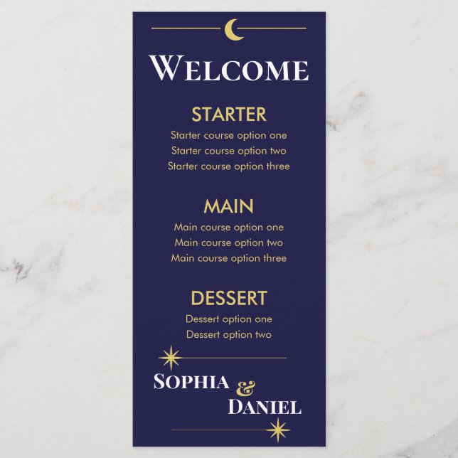 Menu de mariage minimaliste céleste (Devant)