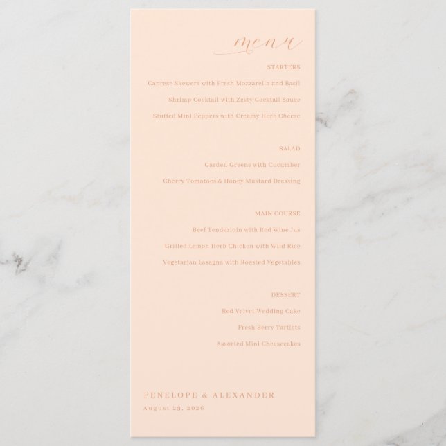 Menu de mariage minimaliste élégant pêche (Devant)
