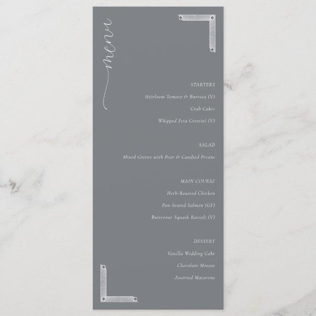 Menu de mariage minimaliste gris sophistiqué (Devant)