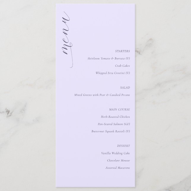 Menu de mariage minimaliste lavande sophistiqué (Devant)