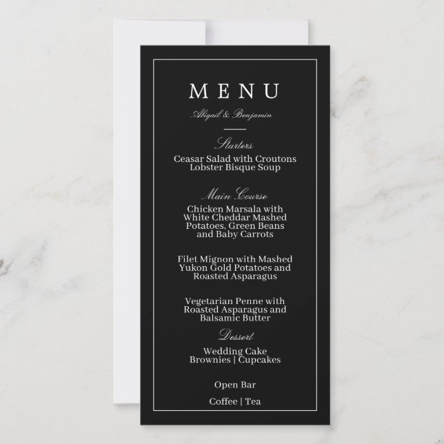 Menu de mariage minimaliste moderne noir (Devant)