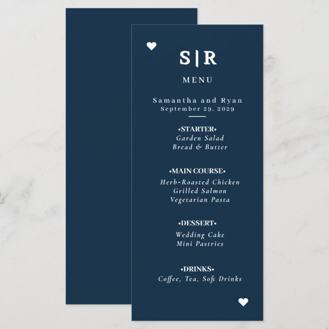 Menu de mariage minimaliste Navy  (Devant / Derrière)