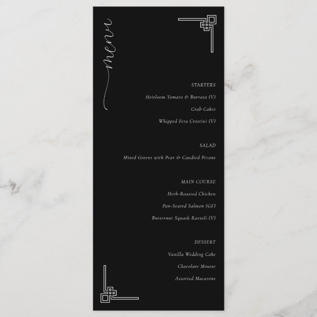 Menu de mariage minimaliste noir élégant (Devant)
