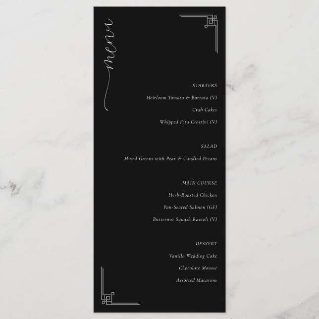 Menu de mariage minimaliste noir sophistiqué (Devant)