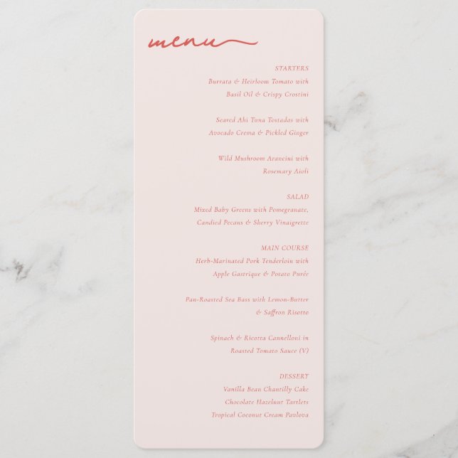 Menu de mariage minimaliste rose élégant (Devant)