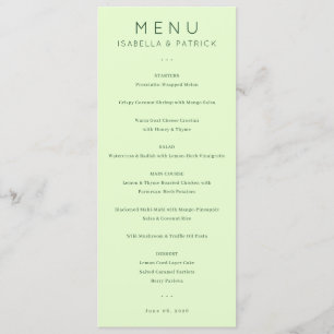 Menu de mariage minimaliste vert pastel calme