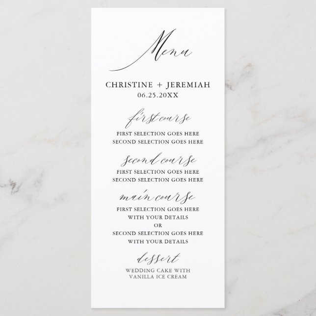Menu de mariage moderne à écriture élégante noire  (Devant)