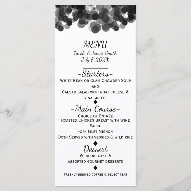 Menu de mariage moderne avec points de caviar noir (Devant)