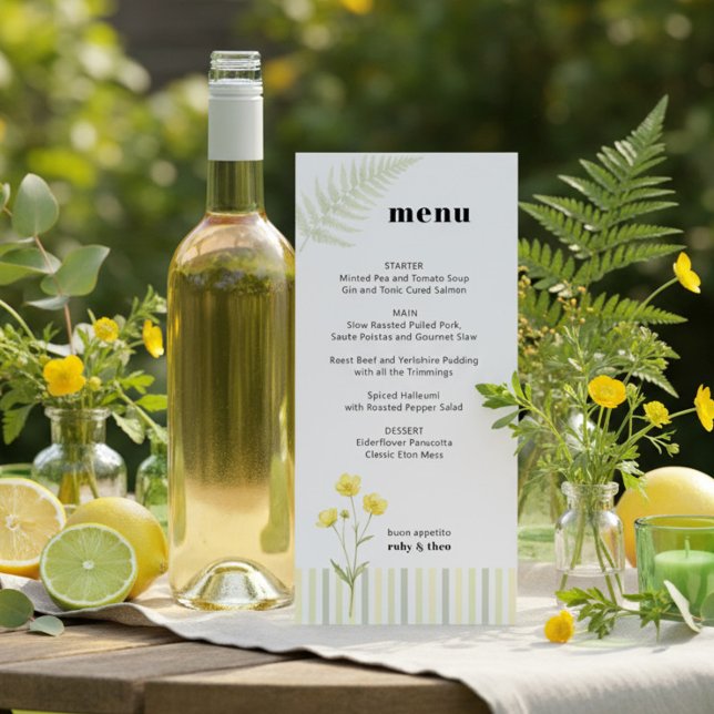 Menu de mariage moderne avec rayures de fleurs sau (Menu from the Citrus Green Wildflower wedding collection by Darling & May)