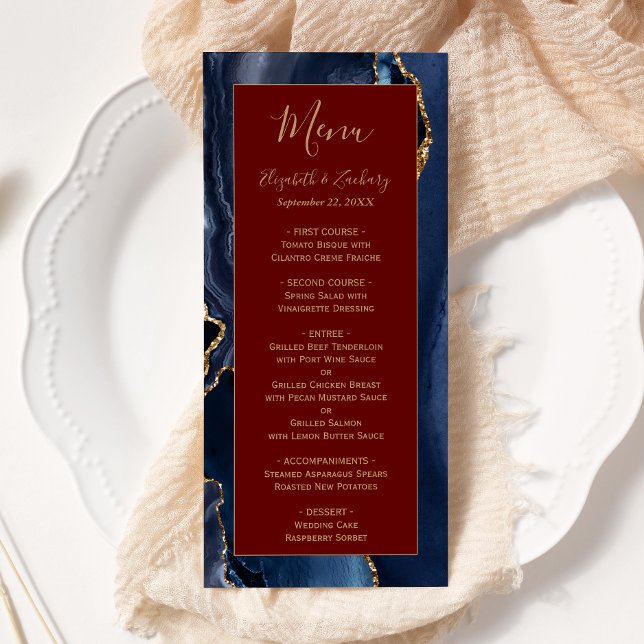 Menu de mariage moderne bleu navy or agate bordeau (Créateur téléchargé)