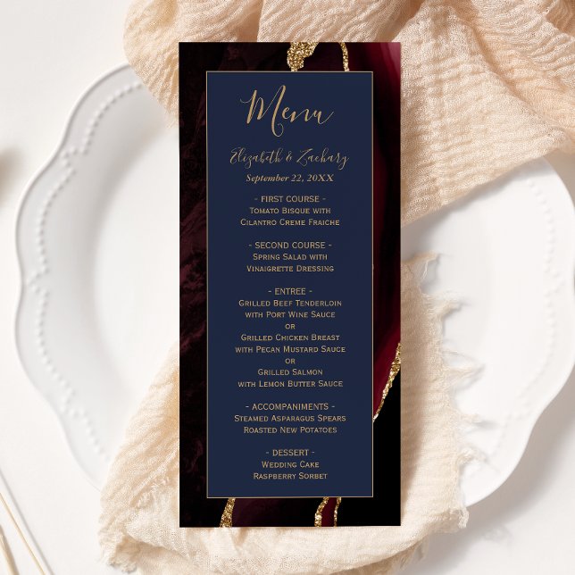 Menu de mariage moderne Bourgogne Or Agate Bleu Ma (Créateur téléchargé)