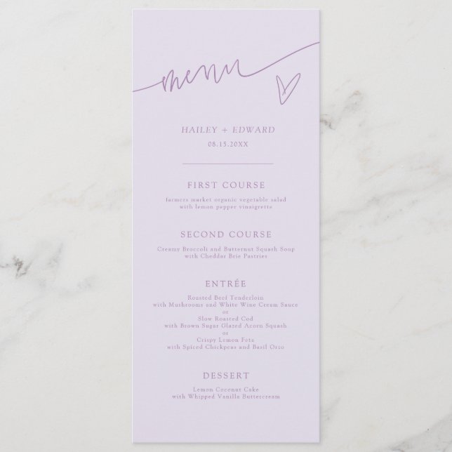 Menu de mariage moderne écriture lilas (Devant)