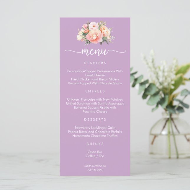 Menu de mariage moderne élégant aux pivoines roses (Debout devant)