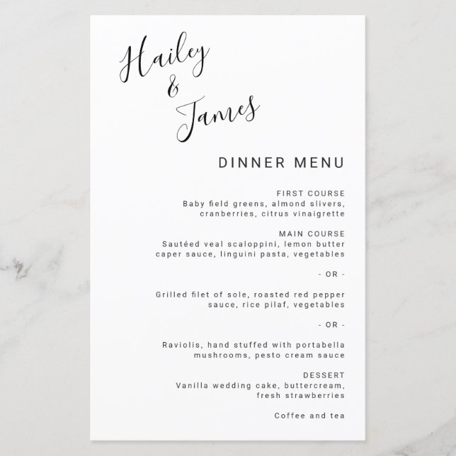 Menu de mariage moderne élégant noir et blanc simp (Devant)