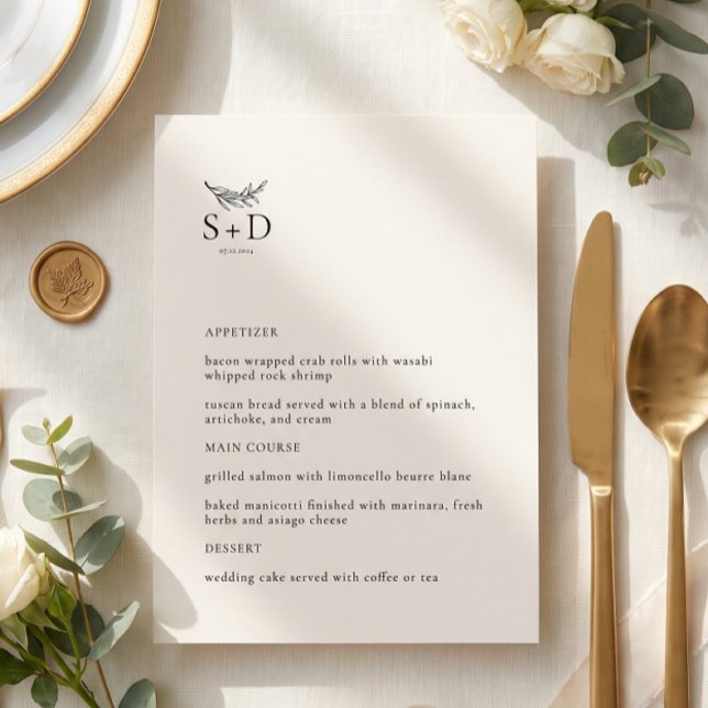 Menu de mariage moderne en ivoire avec monogramme (Créateur téléchargé)