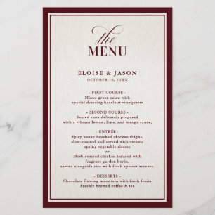 Menu de mariage moderne et formel bordeaux à l'anc