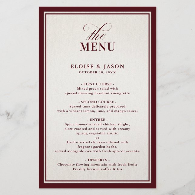 Menu de mariage moderne et formel bordeaux à l'anc (Devant)