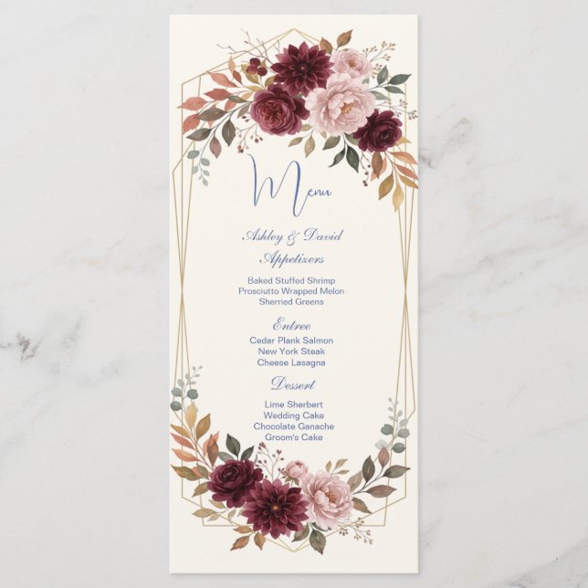 Menu de mariage moderne floral or (Devant)