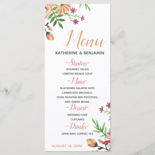 Menu de mariage moderne floral pêche (Devant)