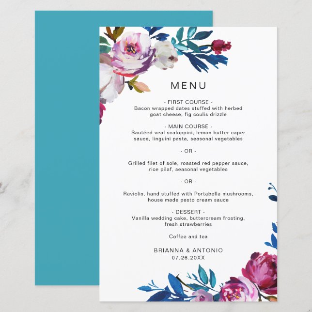 Menu de mariage moderne floral rose élégant (Devant / Derrière)
