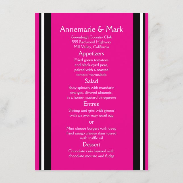 Menu de mariage moderne gras rayures roses noires (Devant)