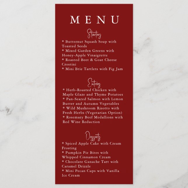 Menu de mariage moderne minimaliste rouge (Devant)
