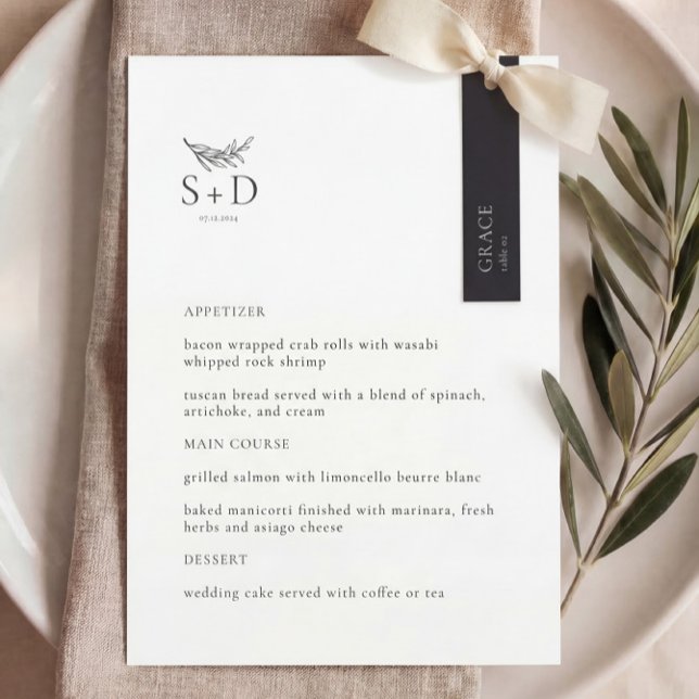 Menu de mariage moderne monochrome avec monogramme (Créateur téléchargé)